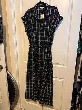 Calvin Klein Black and White Windowpane Midi Shirt Dress